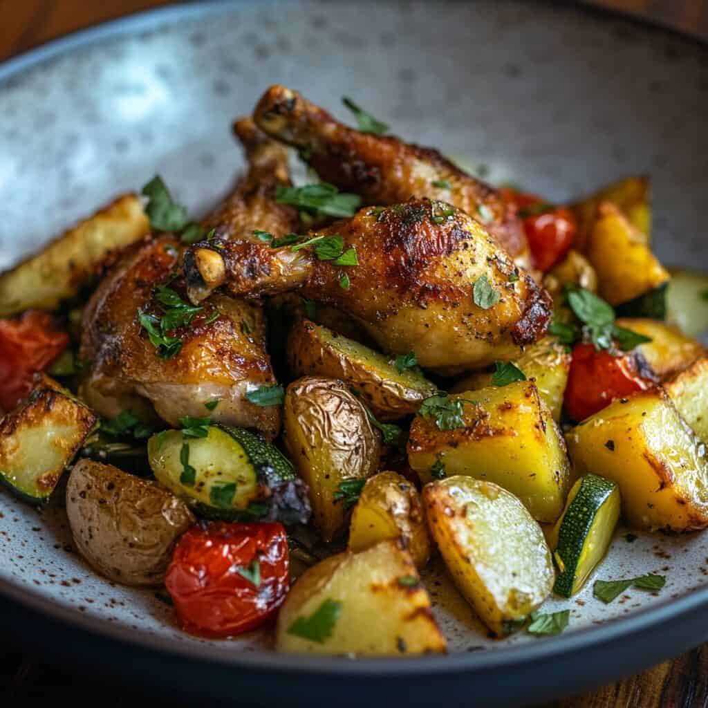 Roasted Quail Leg With Fried Potato Cubes, Zucchini And Tomato 7 Roasted quail leg