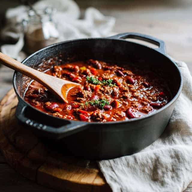 Hearty bowl of homemade beef chili with kidney beans, chopped vegetables, and fresh herbs in a black cast iron skillet on rustic wooden surface.