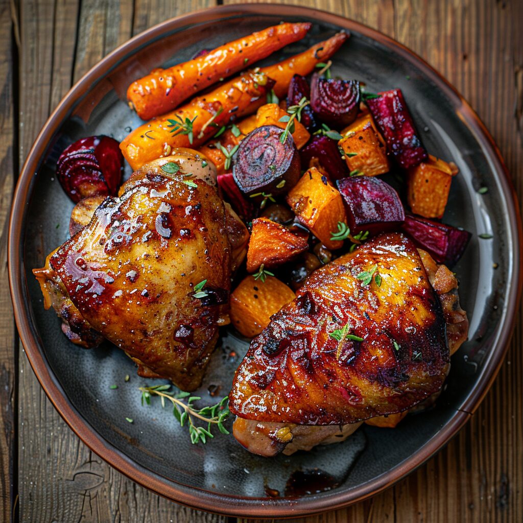 Honey garlic glazed chicken thighs with roasted root vegetables