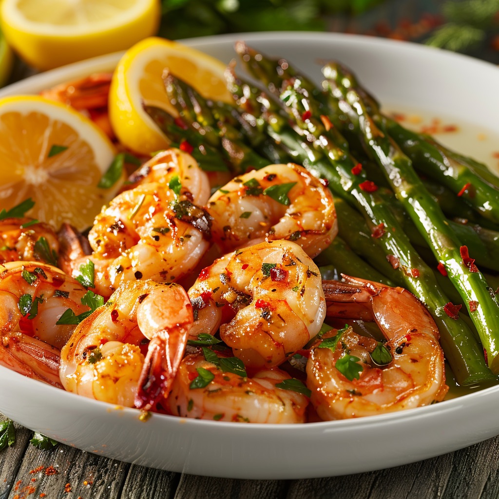Shrimp and asparagus with spicy garlic lemon sauce 1