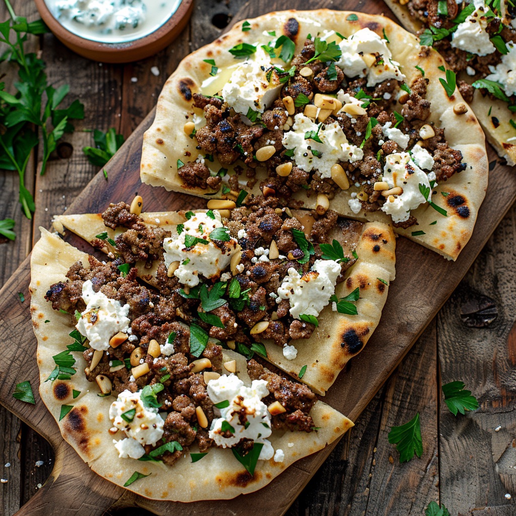 Spiced Lamb and Feta Flatbread with Tzatziki Drizzle