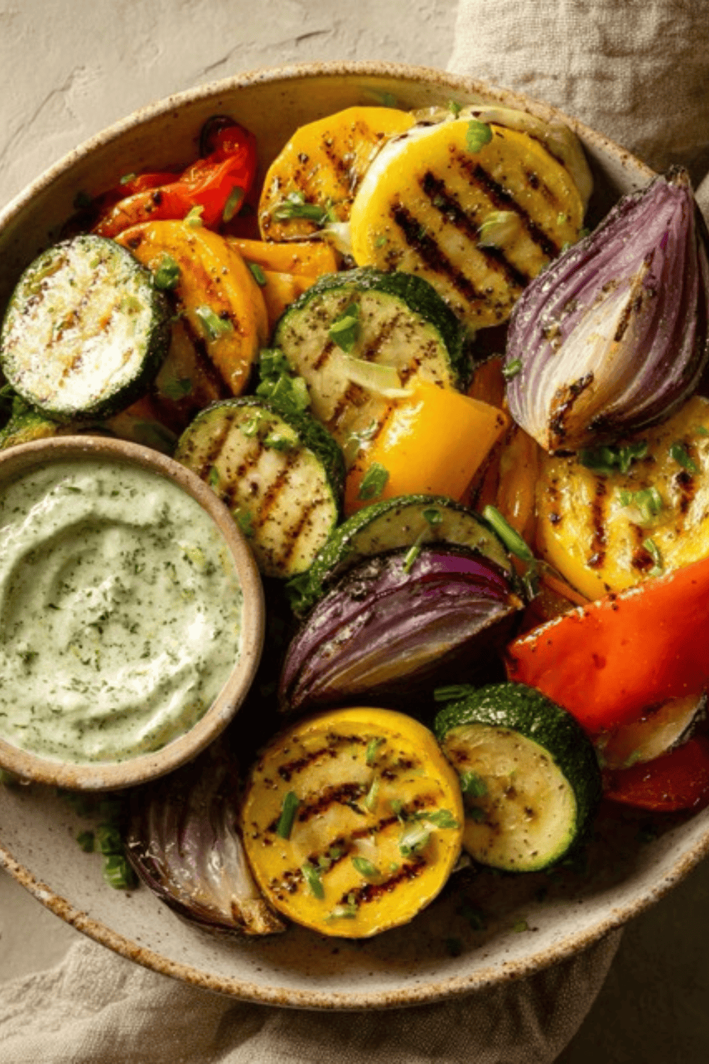 Grilled vegetable platter with herb dip