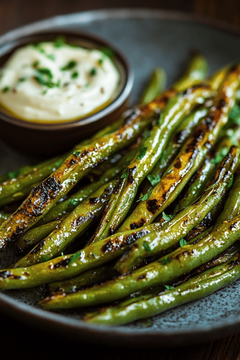 Charred green beans with garlic aioli