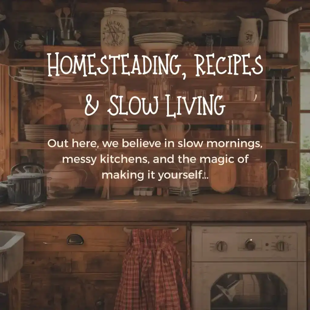 Cozy rustic kitchen filled with vintage cookware and wooden shelves showcasing homegrown, simple living. Perfect for slow mornings and homemade recipes in a charming, cluttered farmhouse setting.