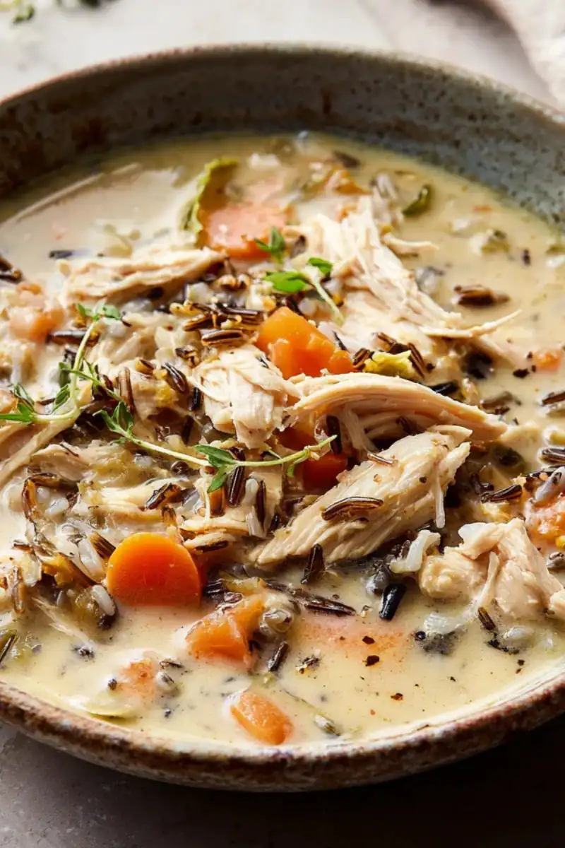 Savory chicken and wild rice soup in a rustic bowl with shredded chicken, carrots, and herbs, perfect for a comforting homemade meal.