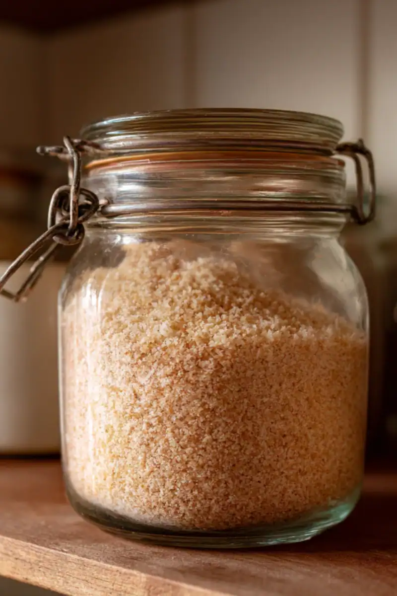 Finely ground homemade bread crumbs in a glass jar for cooking or baking, displayed on a wooden surface, perfect for enhancing breading or coatings in your recipes.