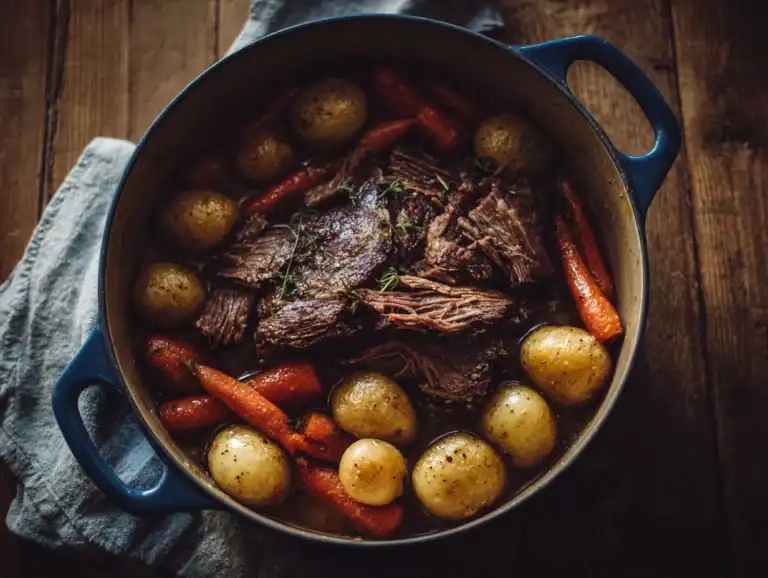 Succulent braised beef with baby potatoes, carrots, and herbs in a rustic dish, perfect for comfort food lovers and hearty meal recipes.