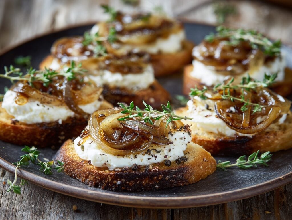 Caramelized onion goat cheese crostini