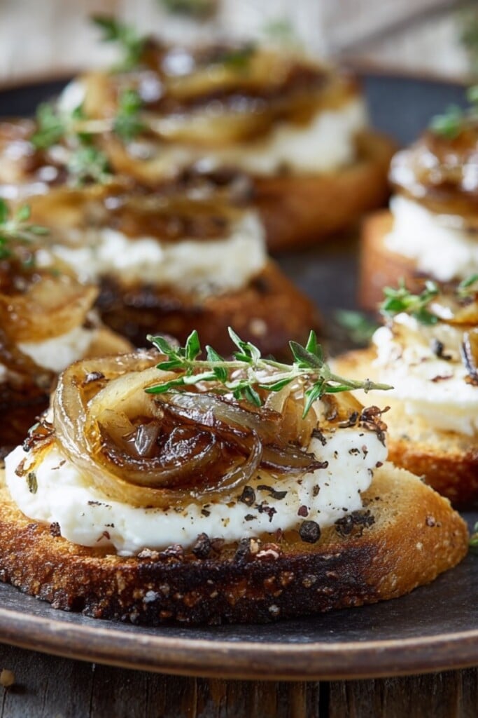 Caramelized onion goat cheese crostini