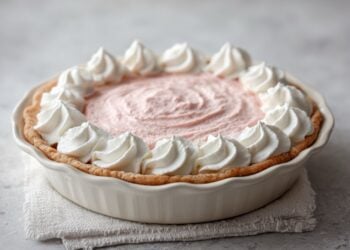 Close-up of a strawberry cream pie with whipped cream border in a white ceramic dish.
