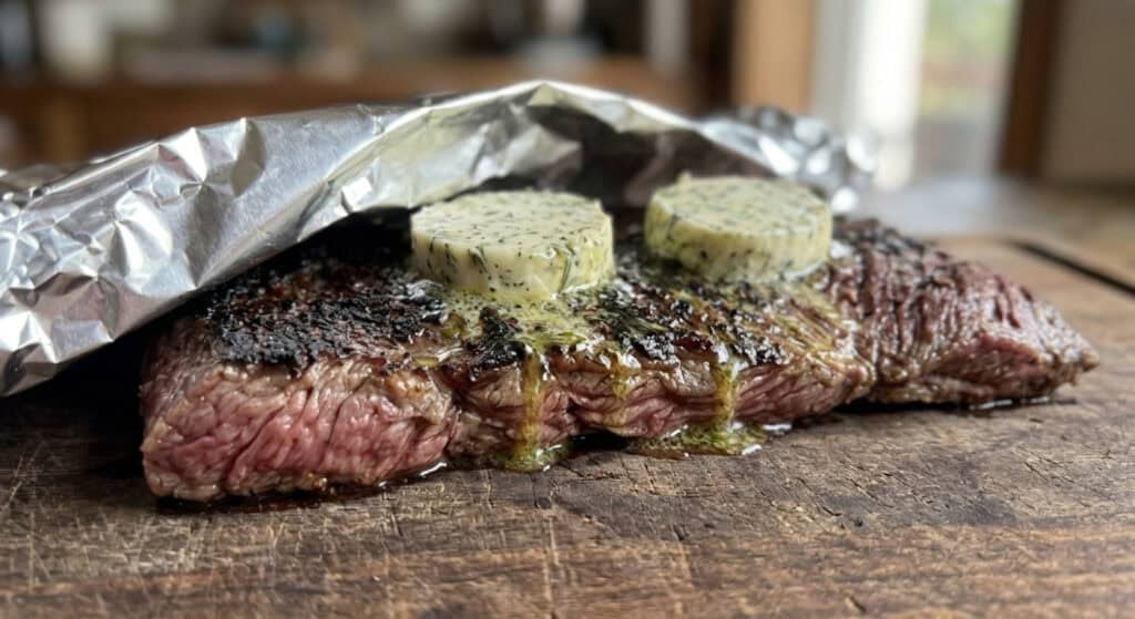 Skirt steak with herb compound butter