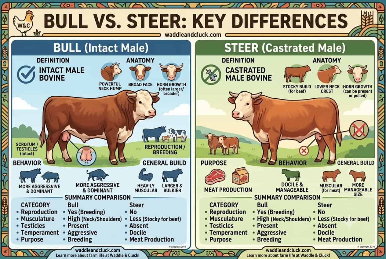 Bull vs steer comparison showing the physical differences between an intact bull and a castrated steer
