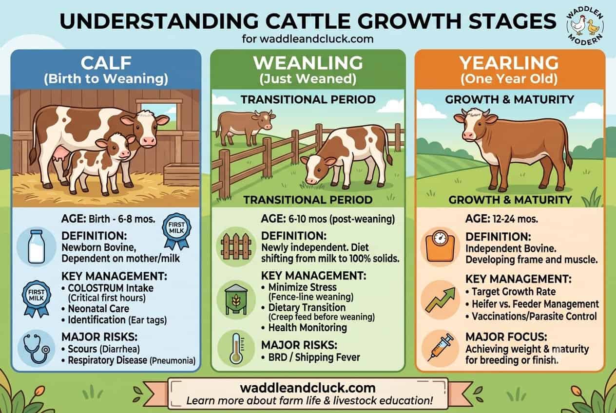 Calves, weanlings, and yearlings in a pasture showing the cattle age classes