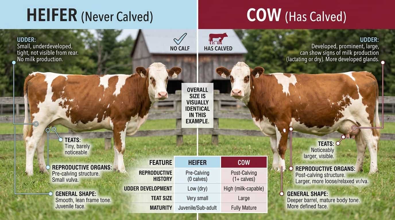 Heifer beside a cow with her calf, illustrating that a heifer becomes a cow at her first calving