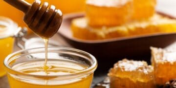 Golden honeycomb and dipper showing how much honey one hive can produce
