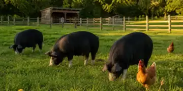 Raising Berkshire Pigs For High-Quality, Marbled Homestead Meat 4 Berkshire pigs with white points grazing in a green homestead pasture