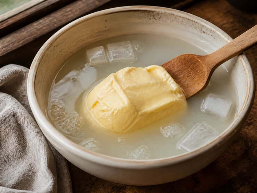 Fresh butter in ice cold, cloudy rinse water with a wooden paddle.