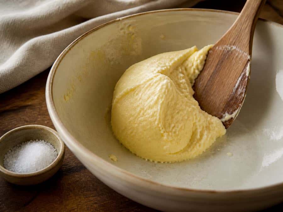 Washed butter being worked with a wooden paddle beside a small bowl of salt.