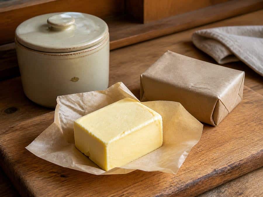 Homemade raw milk butter shaped into a block with parchment and a storage crock.