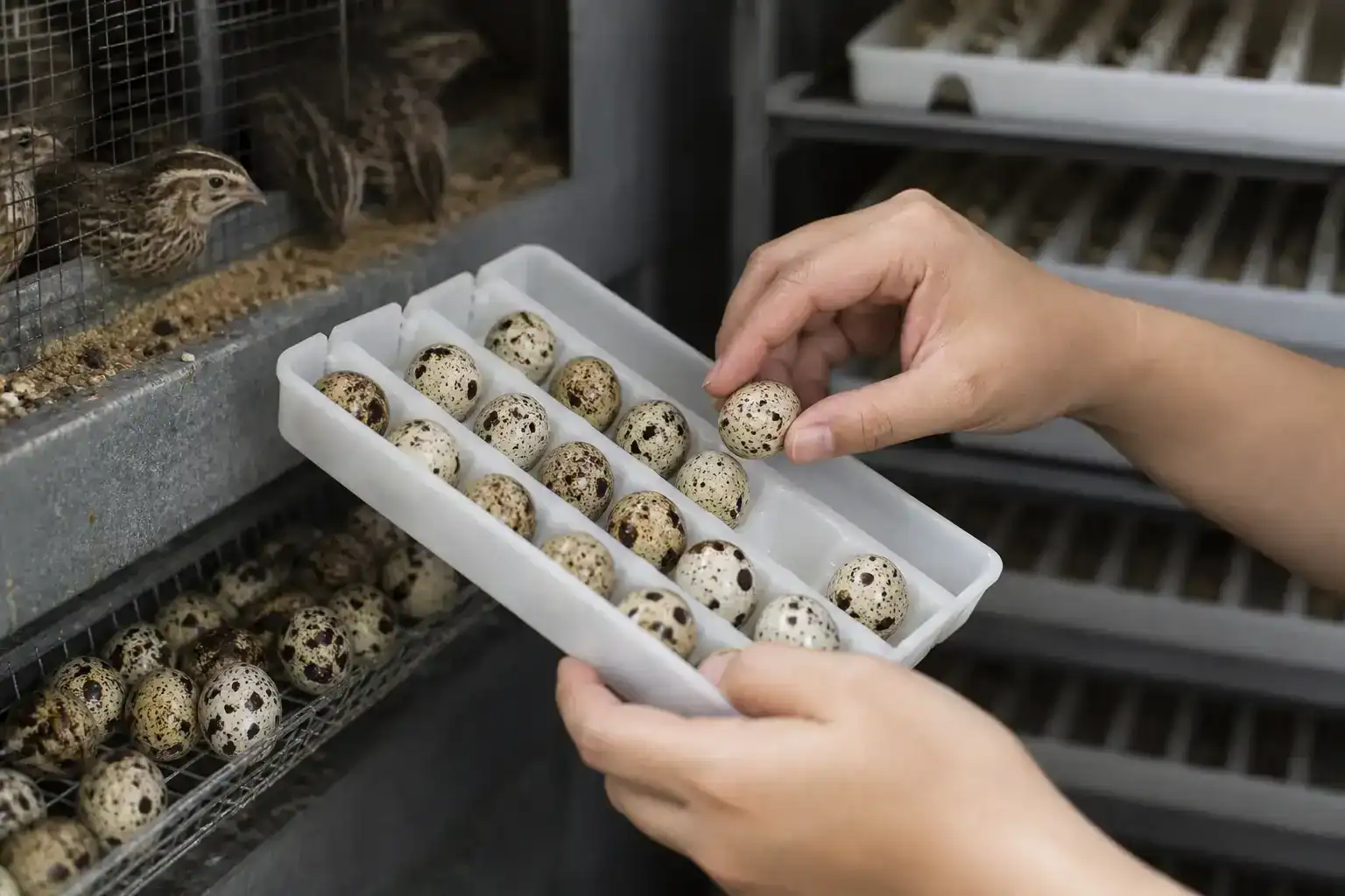 Clean collection of coturnix hatching eggs into sanitized storage trays