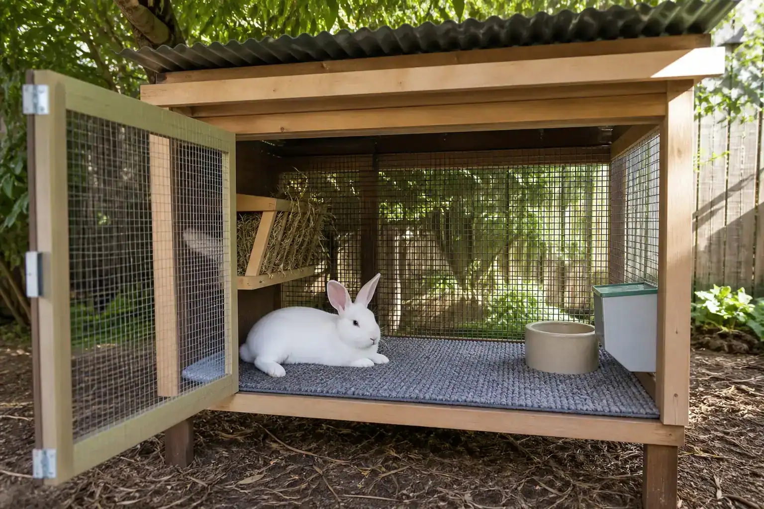 Clean well ventilated housing for new zealand white rabbits