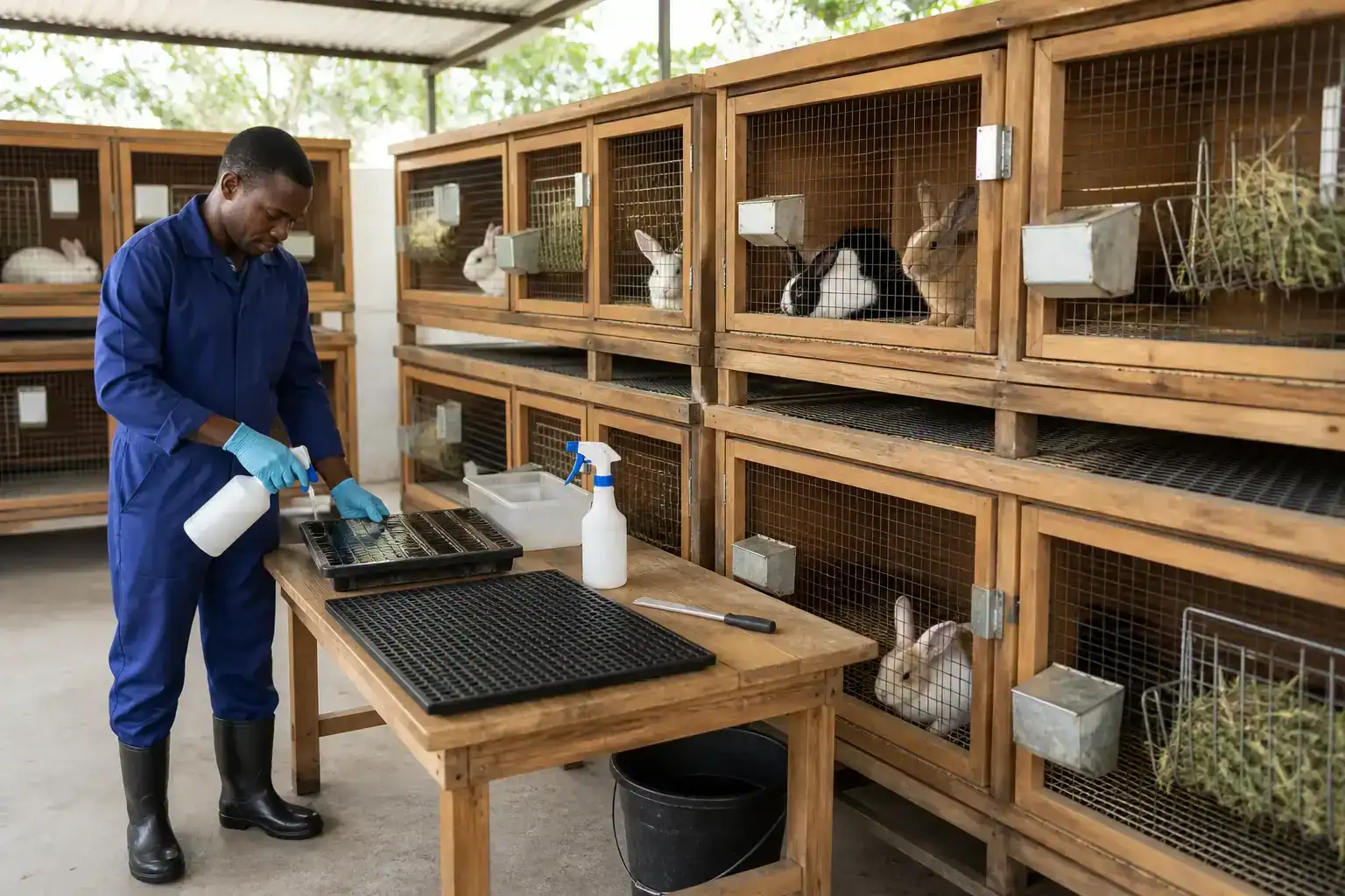 Cleaning and disinfecting equipment in a ventilated meat rabbit hutch