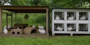 Multiple white rabbits in outdoor enclosures with wooden and wire mesh structures, surrounded by green grass and trees.