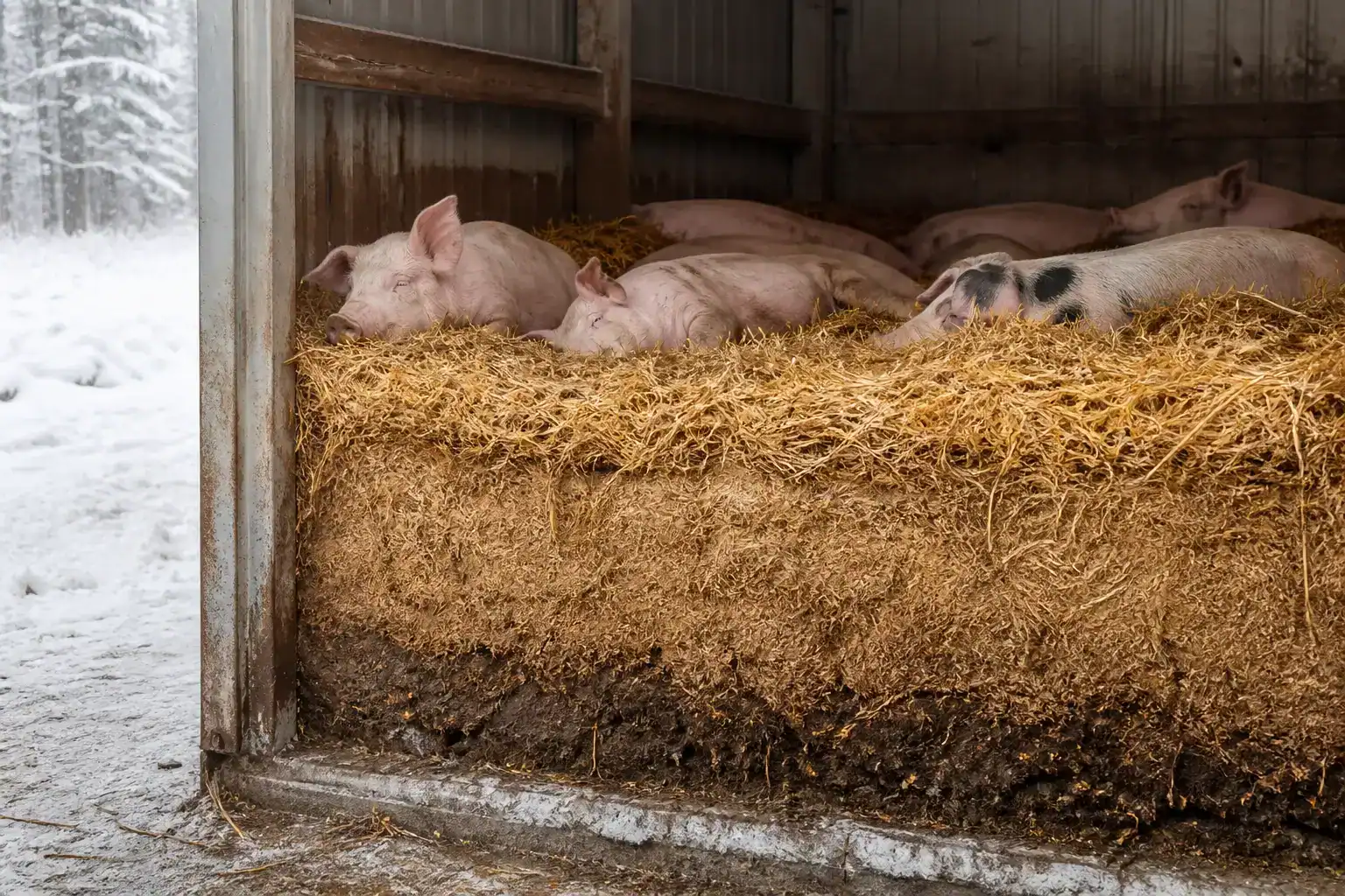 Deep bedding pack keeping pigs dry and warm during snowy weather