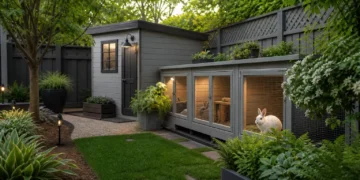 Discreet backyard rabbit setup in an urban garden