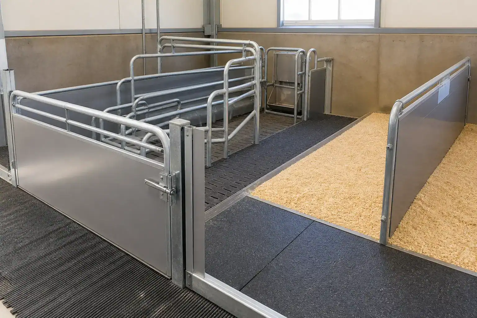 Empty farrowing setup ready for a safety inspection before the sow enters