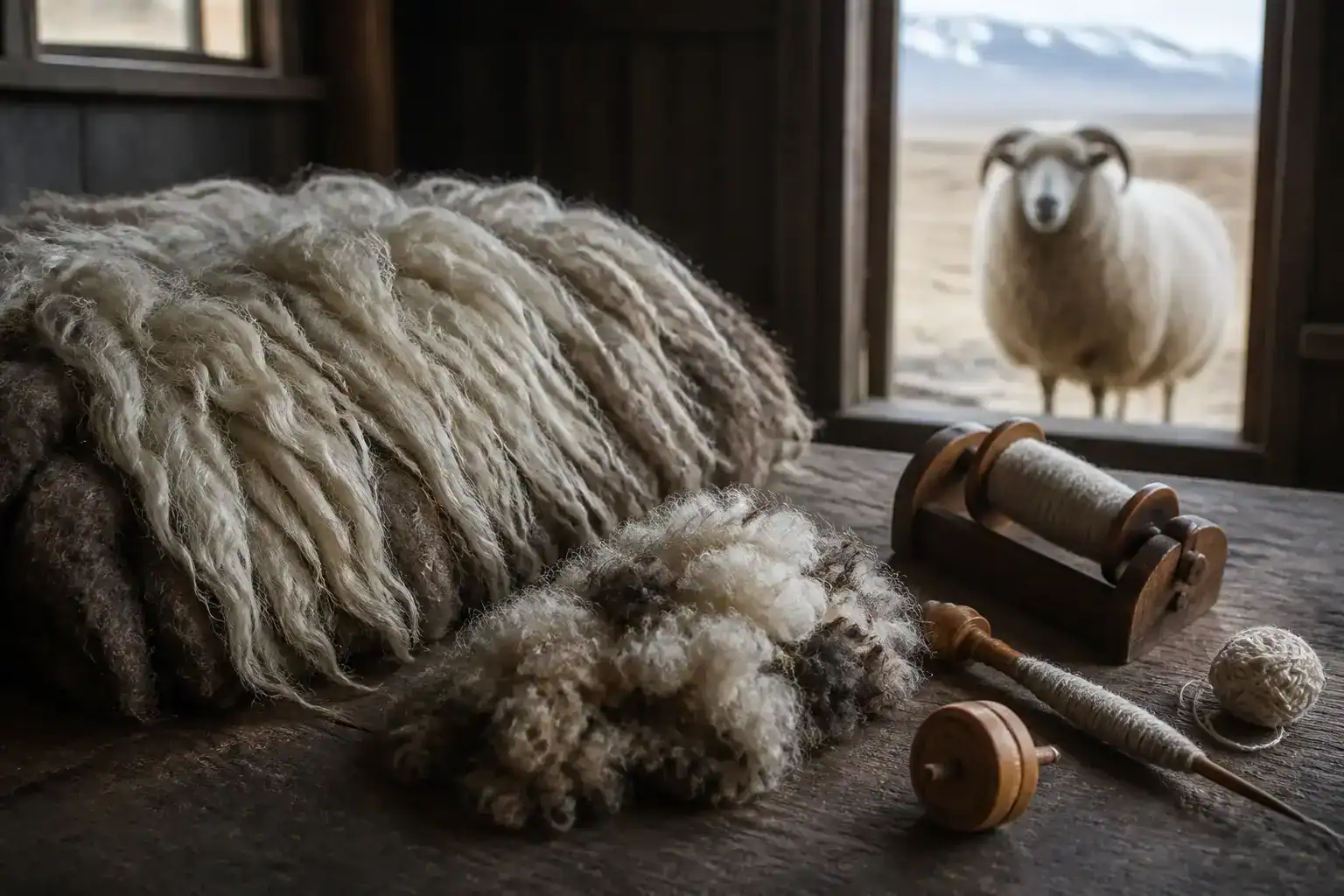 Icelandic fleece and simple hand-spinning tools on a rustic table