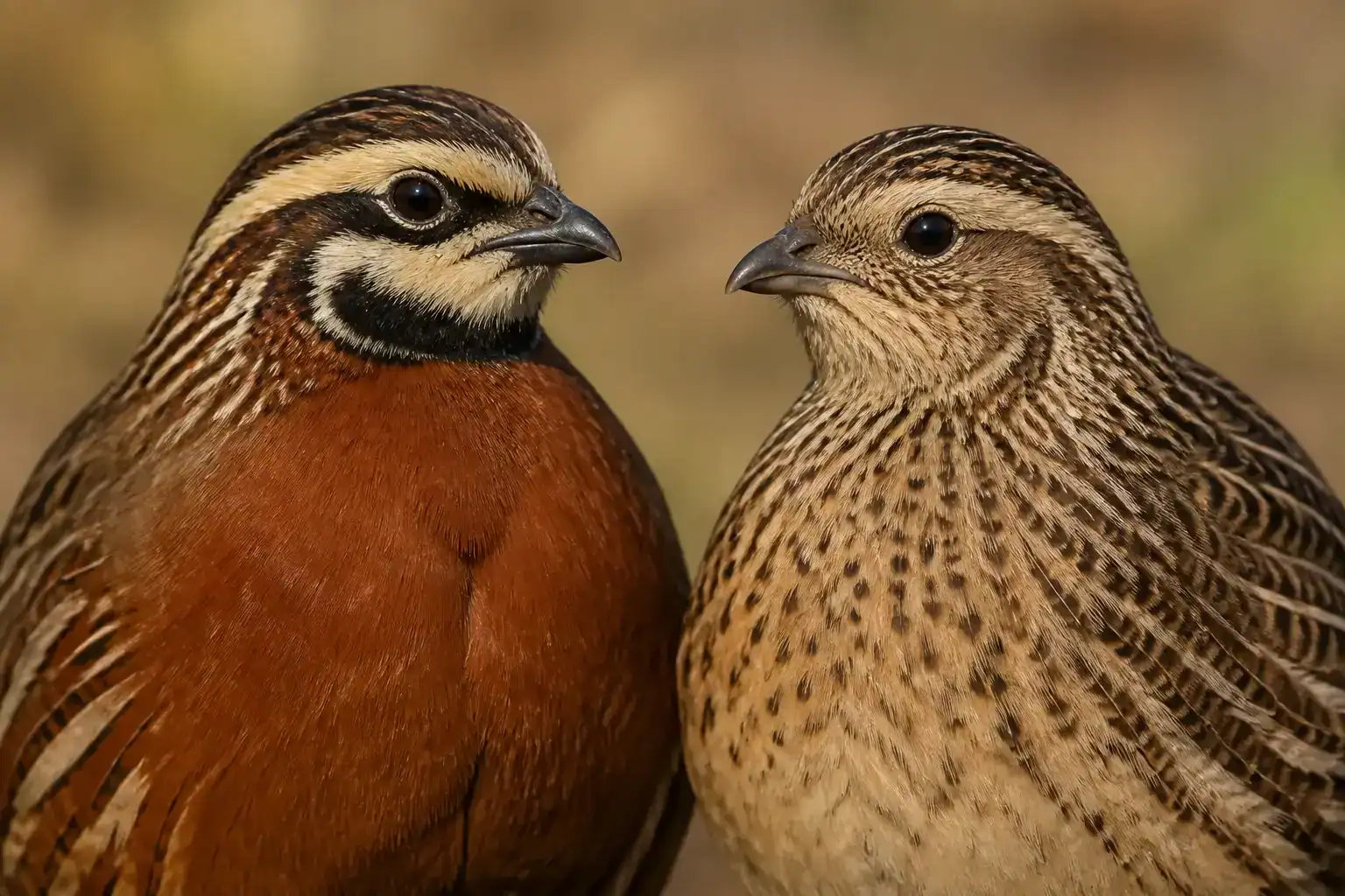 Male coturnix with rusty breast beside female with speckled breast