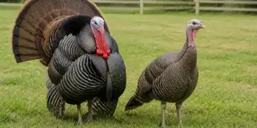 How To Tell The Difference Between A Tom And A Hen Turkey 7 Mature tom and hen turkey standing side by side in a pasture