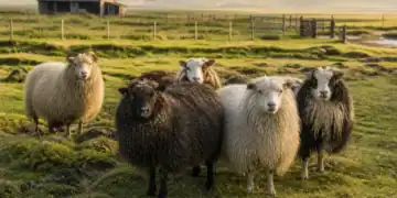 Mixed-color icelandic sheep grazing on rugged homestead pasture