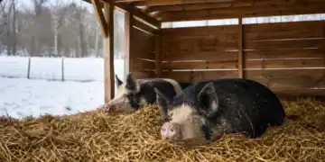 Pigs resting warmly in deep straw inside an unheated winter shelter