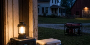 Power outage preparedness homestead supplies with lantern, water, power station, radio, cooler, and generator