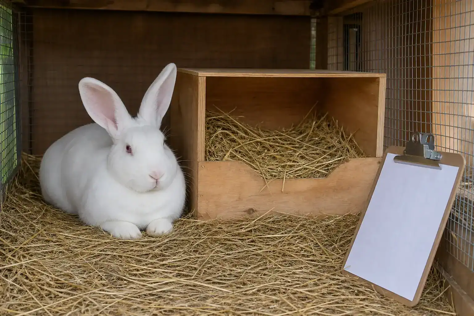 Rabbit doe beside a clean bedded nest box in an individual breeding hutch