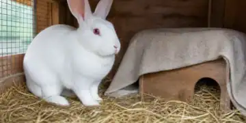 Rabbit doe calmly guarding a covered well-bedded nest box