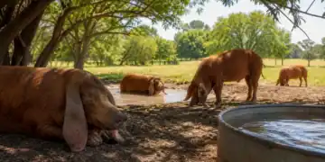 Red wattle pigs resting in deep shade beside clean water and a summer wallow