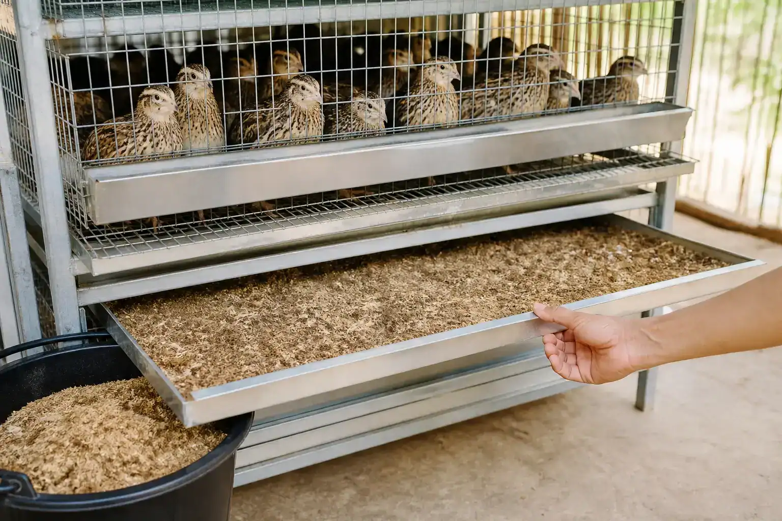 Removable manure tray beneath a stacked coturnix quail cage