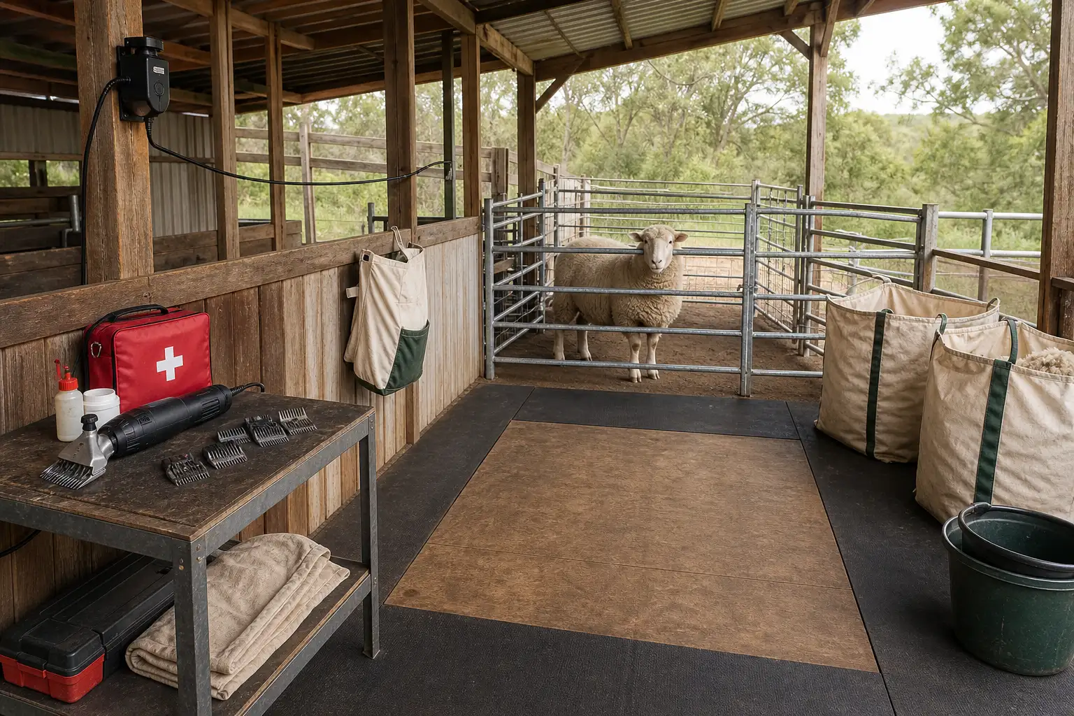 Safe sheep shearing area prepared with clean equipment and secure footing
