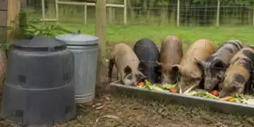 Secure compost and trash containers kept outside a pig fence
