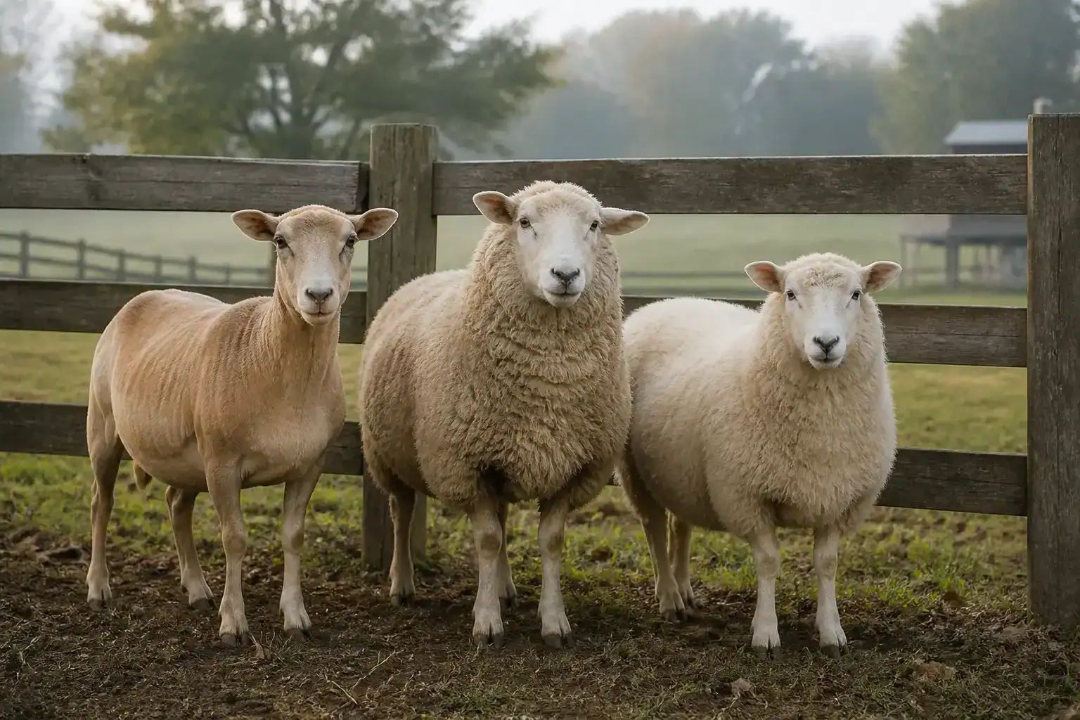 A pastoral scene featuring two sheep and a goat standing behind a wooden fence in a green field.