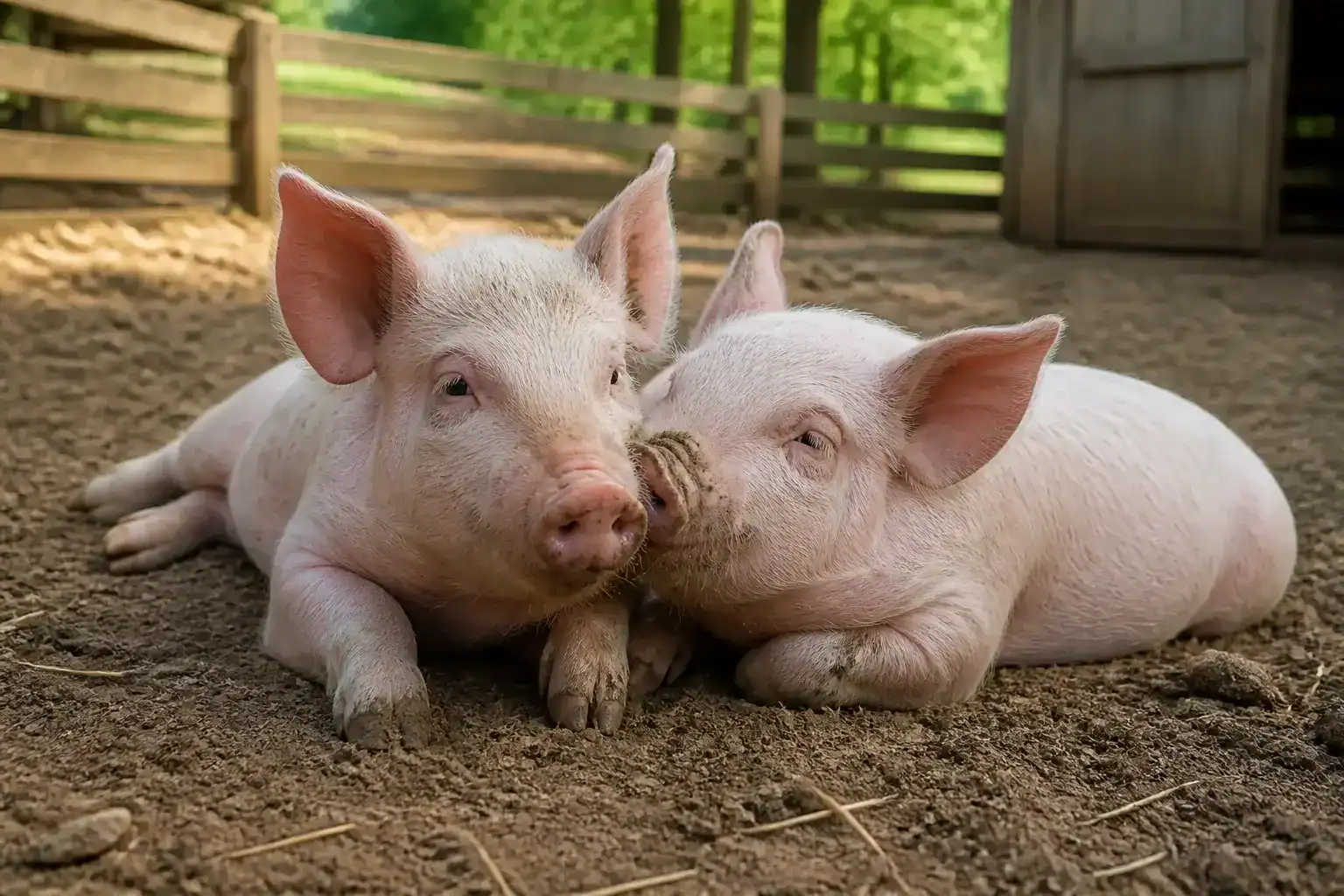 Two feeder pigs resting together and showing natural companionship