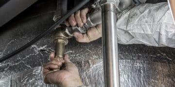 A plumber repairing a pipe under a sink, using tools to tighten or fix the plumbing connection, with reflective insulation on the floor.