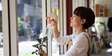 Woman cleaning large glass window with spray bottle in cozy indoor setting, natural light illuminating her face, focused on window cleaning task.