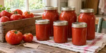 Freshly made tomato sauce stored in glass jars on a rustic kitchen table with ripe tomatoes nearby.