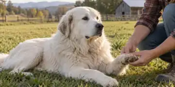 Handler examining a dog paw injury on a working livestock guardian in the field.