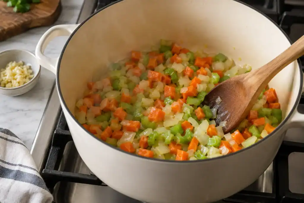 Onions, carrots, and celery sautéing in a Dutch oven for garden vegetable soup