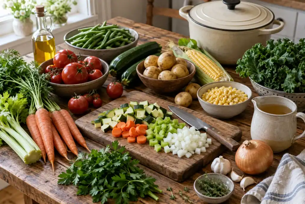 Fresh garden vegetable soup ingredients including tomatoes, zucchini, green beans, corn, carrots, celery, potatoes, kale, onion, garlic, and herbs